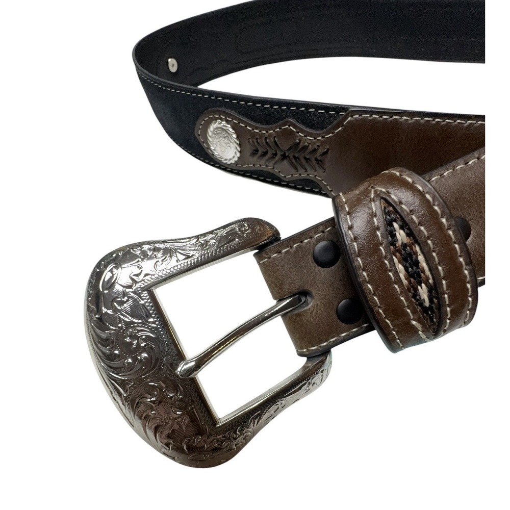 Vintage Western Leather Belt Tooled Brown Silver Buckle Cowboy Rodeo 38